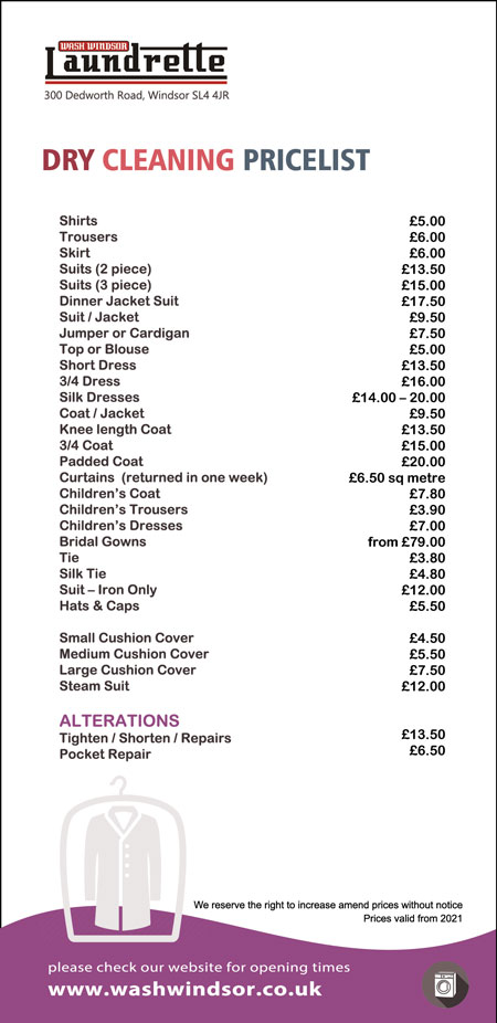 dry cleaning windsor - pricelist